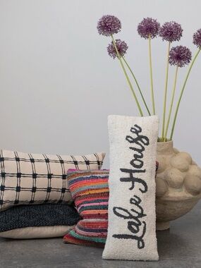 Creative Co-Op Lake House Lumbar PillowWool Cotton Embroidered Cream Blk Rustic